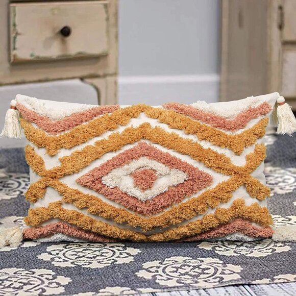 Pink/Orange Tassel Throw Pillow Covers 18x18, 12x20 Woven Tufted Living Room/Bed - Picture 14 of 16